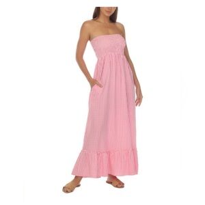 RAVIYA Pink Gingham Strapless Maxi Dress With Pockets NWT SIZE MED